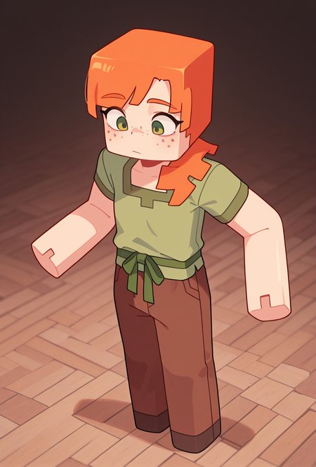 <lora:alexmc-05:1> alexmc, orange hair, 1girl, solo, green eyes, long green shirt, brown pants, short sleeves, freckles, square arms, square body, green waist ribbon, cynamic pose,, masterpiece, best quality, amazing quality, very aesthetic, absurdres, newest,