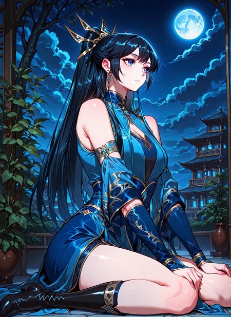 <lora:Wang_Zijin__I_am_the_Fated_Villain__Illustrious:1>
1 girl, solo, ponytail, long hair, bangs, black hair, blue eyes, <lora:DetailedEyes_V3:1>
chinese clothes, blue dress, black boots, jewelry, hair ornament, earrings, hair ornament, rare shoulders
score_9, score_8_up, score_7_up, masterpiece, best quality, absurdres, perfect anatomy, 1girl, solo, wariza, sitting, hands on own knees, garden background, night sky, blue moon,  cloud  <lora:iLLMythG0thicL1nes:1>
