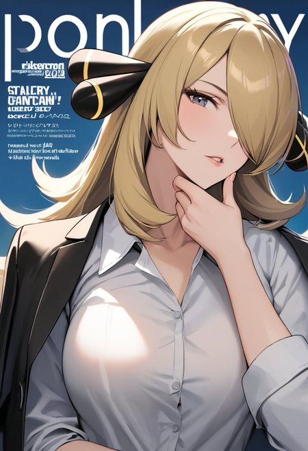 masterpiece, best quality, very aesthetic, absurdresï¼<lora:cynthia_(pokemon):1>ï¼highres, cynthia_\(pokemon\), 2022, absurdres, medium_breasts, 1girl, solo, january, upper_body, alternate_costume, fake_cover, hand_up, black_jacket, jacket_on_shoulders, dress_shirt, hair_over_one_eye, looking_at_viewer, parted_lips, collared_shirt, sleeves_rolled_up, english_text, long_sleeves, white_shirt, magazine_cover, hand_on_own_chin