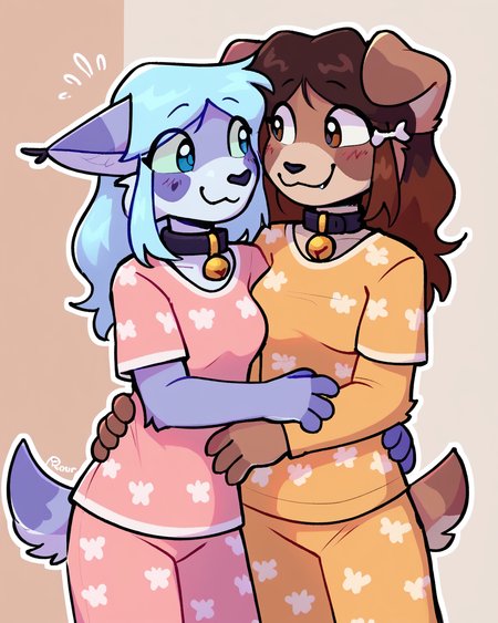 score_9_up, score_8_up, score_7_up, score_6_up, by remanedur, floppy ears, brown fur,  female, furry, brown eyes, collar, brown hair, hair accessory, tail, medium breasts, t-shirt, pajamas, hug, embrace, happy, smile, female/female, romantic, looking at another,  romantic couple, dominant female, sidelocks, female, furry, blue eyes, bell collar, blue hair, t-shirt, pajamas,  tail, medium breasts, <lora:Leah_Pines(AIM)_XL_v1:0.15> <lora:PDXL_artist_tags_v2_big:0.5> <lora:The-Minuscule-Task_PDXL_v1.0:0.6>  <lora:Lenix_lenix_tt:0.7>  <lora:Ria_C0denameDelta:0.7>