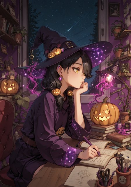 masterpiece, best quality, amazing quality, absurd res,
<lora:add_detail:1>
<lora:Sam_Spartan_My_OC_for_Illustrious:0.7> 1girl, s4m_sp4rt4n, solo, hair over one eye, black hair, hair ornament, yellow eyes, long hair, twintails, hair ornament, earrings, piercing,
 <lora:LofiGirl_Style_IXL:0.9> zzLofi, sitting, side view, desk, chair, book, bookshelf, head rest, holding, holding pen, lamp, night, open book, pen, plant, potted plant, sky, star (sky), starry sky, window, windowsill, writing, 
witch hat, robes, potions, pumpkin, purple magic, sparkles,
 <lora:FantasyWizardWitchesIL:0.7> hkmagic