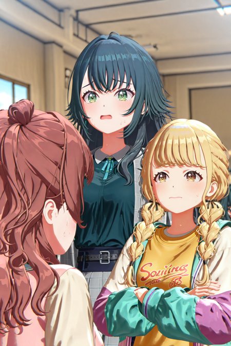 shiny skin, posing,
<lora:gaku3d.il:1.0>,
gaku3d,
3girls,
saki, temari, kotone,
nervous, sweat,