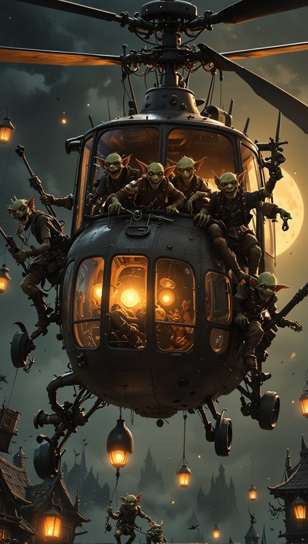 Steampunk Goblins Flying an Helicopter, Goblin Helicopter, laughing, infused with elements of mysticism, fantasy, or gothic, glowing flora, (Nocturnal creatures), magical phenomena, or eerie, dark settings typical of Goblins, (Use Dream Diffusion Secret Prompt), UHD