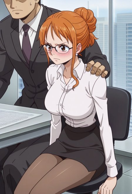 1girl,solo,mm,mature female,orange hair,brown eyes,earrings,large breasts,anime coloring,
hair bun, glasses, secretary, white button-up, black skirt, pantyhose, working at desk, office background, sitting down, 
1guy, dark male in suit, faceless male, bulge in pants, blushing, massaging shoulders
,masterpiece,best quality,amazing quality,<lora:NAMI-ONE_PIECE-SabaodyWano:0.8>