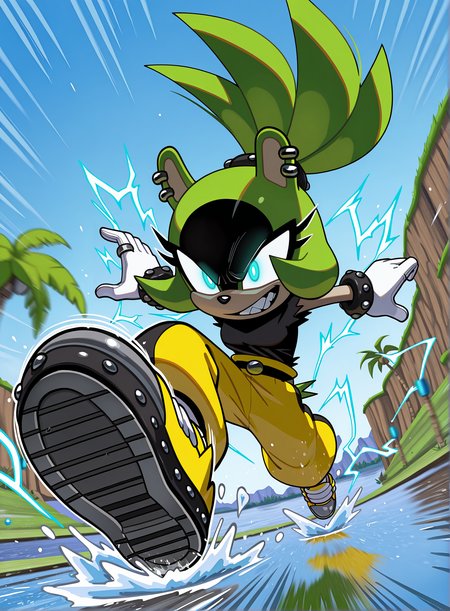 1girl, solo, full body, no humans,
<lora:Surge-the-Tenrec_v4:1> surge the tenrec, black face, aqua eyes, topknot, piercing, earrings, studded bracelet, studded hair tie,
white gloves, ring, black shirt, torn sleeves, yellow pants, baggy pants, belt, grey sneakers, yellow sneakers,
glowing eyes, evil grin, bright pupils, electricity, aura, running, running on liquid, running on water, splashing, water spray, lake, running on lake,
<lora:Green_Hill_Zone-IL:1> gr33nh1ll, outdoors, blue sky, palm tree, water, motion lines, motion blur, speed lines,
<lora:DynamicPoseIL2att_alpha1.0_rank4_noxattn_900steps:1> dynamic pose, foreshortening, extreme perspective, extremely detailed, highres, masterpiece, best quality