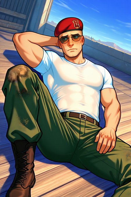 score_9, score_8_up, score_7_up, score_6_up, perfect anatomy, perfect proportions, best quality, masterpiece, high_resolution, high quality, best aesthetic, incredibly absurdres, highres, extremely detailed, huge filesize, solo male, adult, mature, masculine, manly, handsome, charming, alluring, full body, dutch angle, cowboy shot, perfect face,  source_game \(Fallout: New Vegas\), official style \(Fallout: New Vegas\), Craig Boone, FNVBoone, bald, green eyes, Boone_Outfit01, sunglasses, red beret, 1st Recon beret\(Fallout: New Vegas\), 1st Recon emblem\(Fallout: New Vegas\), white undershirt, short sleeves, brown military-esque cargo pant, combat boots, indoors, lying on wooden floor, lying on back, spread legs, hand behind head, embarrassed, nervous, mad, dynamic angle, Fallout: New Vegas location, post-apocalyptic ruins, desolated landscape, dark blue sky