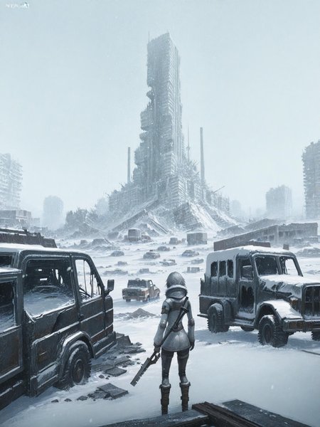   Remove Use these settingsNieRart, snow, scenery, outdoors, ruins, 1girl, car, building, from behind, snowing, weapon, solo, truck, standing, holding, snowy ruined city, post-apocalyptic, towering damaged buildings, heavy snowfall, desolate atmosphere, lone figure, debris, cold, bleak, highly detailed, game environment