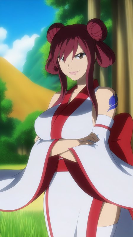 masterpiece, best quality, very aesthetic, absurdres, BREAK, 1girl, looking at viewer, cowboy shot, 
<lora:Archer_Erza_Illu_Dwnsty:0.8>, erz_archer, brown eyes, red hair, hair up, sidelocks, double bun, hair bun, hair rings, japanese clothes, white thighhighs, detached sleeves, wide sleeves, obi, sash, red bow, side slit, arm tattoo, blue tattoo, white kimono, 
large breasts, lips, smile, crossed arms, 
outdoors, cloudy sky, nature, grass, forest, landscape,