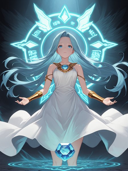 masterpiece, best quality, amazing quality, very aesthetic, absurdres, newest,
<lora:ILGFLyria:1.0>
GFLyria, 1girl, blue hair, blue eyes, long hair, jewel, Standing at the center of a summoning circle in the foggy world, her Persona manifesting behind her in a radiant glow.