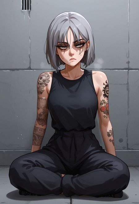embedding:urn:air:sd1:embedding:civitai:222256@250708, score_9, score_8_up, score_7_up, score_6_up, 1 girl, very light blue hair, almost gray hair, gray eyes, short hair, full body tattoos, t4ts, tattoos, tattoo, gangster tattoos, fit body, slim, medium breasts, sleeveless flannel, white flannel, black sports pants, on the jail, in a prison, sitting, rude face, rude, sitting thoughtful, goth girl, raven from dc, half closed eyes, black bags under her eyes, sexy pose, sweating, sweat body, expresiveH