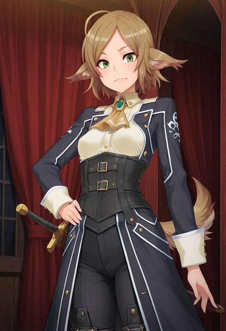(1girl, solo) noa riads, animal ears, Green Eyes, tail, brown hair, short hair, Pretty eyes, , 1girl, solo,, brown hair,, fluffy tail, ahoge, animal ears, dog ears, small breasts, swept bangs , green eyes, animal ears, tail, , ,
Eye focus , shiny skin, shiny body, shiny hair, (best quality) , (highly detailed) ,((masterpiece)), ((best quality)), (ultra-detailed), ((extremely detailed)), (high resolution), 4K, (8K), best quality, (beautiful), (dynamic lighting), (super detailed skin), sharp focus,detailed eyes、detailed face and detailed skin detailed eyes、detailed face and detailed skin,  , clear skin, shiny hair, ultra detailed eyes, depth of field, sharp, intricate details, hyperdetailed, , 
, best quality, (beautiful), (dynamic lighting)  (standing, 3/4 view), perfect face, beautiful face, defined cheekbones, defined jawline, confident expression, narrow eyes, one hand on hip, perfect hands, black coat with decorative golden symbols, black leather underbust corset, black trousers, black boots, sword, sword on hip,(Pirate King), black coat with decorative golden symbols, black leather underbust corset, black trousers, black boots,
  ,, shindol style