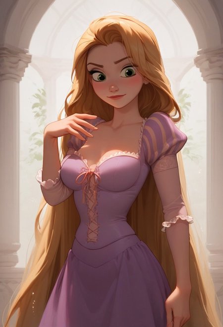 score_9, score_8_up, score_7_up, RapunzelWaifu, purple dress, puffy sleeves, very long hair, blonde, green eyes , short, skindentations, alot of cleavage,  highly detailed face, medium teardrop breasts, perfect breast, skinny girl ,  sharp outlining, high contrast, vibrant colors, glossy skin, , morning light in background, close up on girl, cowboy shot, focus on female, model pose, pin up pose