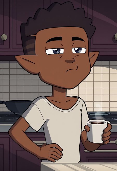 score_9, score_8_up, score_7_up, high quality,perfect anatomy, show accurate, solo,1boy, kitchen,
brown skin and dark brown hair with lighter shades, pointy ears, dark blue eyes, kitchen background, wear only oversized t-shirt, loose clothes, off shoulder, one hand holding cup of coffee, one hand on hip, perfect hands, sleepy eyes, messy hair, loose clothes, eyes half close, show accurate, perfect hands, perfect anatomy,perfect hands,five fingers,