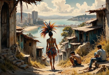 A young female brazilian Rio festival dancer in a colourful dancing costume walks down a hill in a favela. View from behind, so she is walking away from the viewer. She is walking down a narrow and twisting path coming downhill between shanty houses. The favela is located on a dramatic and steep hillside. Local youth loiter and sit around, watching the dancer indifferently. Behind the woman opens a view of the sea, the beach and downtown with moden tall buildings far away downhill. Watercolor painting