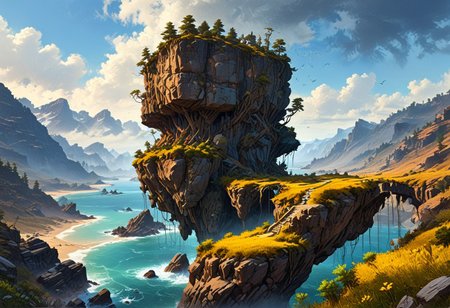 ((Floating Islands in the Sky):1.5), High in the sky, A bridge still stands, clinging to the side of the cliff with large metal legs which hold it in place, simon stalenhag, stormy weather, complementary colors, ((Highest quality:1.0),(High resolution:1.0), (masterpiece:1.0), (ground level view:0.6, viewer looking up:0.6), beautiful and aesthetic:1.3), extreme detailed, colorful, highest detailed,((ultra-detailed)),(highly detailed CG illustration),,