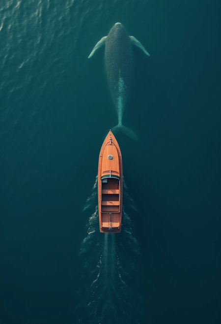 Content:

The image depicts a wooden speedboat gliding across a calm, blue body of water. The photograph is taken from a bird's-eye view, giving a unique perspective of the boat and its surroundings. The huge whale is swimming underneath the boat and it's barely visible in these dark waters

Composition:

The composition is clean and symmetrical, with the boat positioned centrally in the frame. The vertical orientation of the image emphasizes the length of the boat and the expanse of the water. The use of a bird's-eye view creates a sense of detachment and tranquility, as if the viewer is looking down from above. The contrast between the dark blue water and the warm tones of the wooden boat adds depth and visual interest.

Color Scheme:

The color scheme is simple and effective, with a limited palette of blues and browns. The deep blue of the water creates a sense of calm and serenity, while the warm brown of the boat adds a touch of warmth and nostalgia. The contrast between the cool and warm tones adds visual interest and depth to the image.

Overall Impression:

The image evokes a sense of peace and relaxation. It captures the beauty of a simple pleasure: a leisurely boat ride on a calm day. The bird's-eye view offers a unique perspective and emphasizes the tranquility of the scene. The limited color palette and clean composition further contribute to the overall serene atmosphere.

Additional Notes:

The image appears to be a photograph.
The style is minimalist and focused on capturing the essence of the moment.