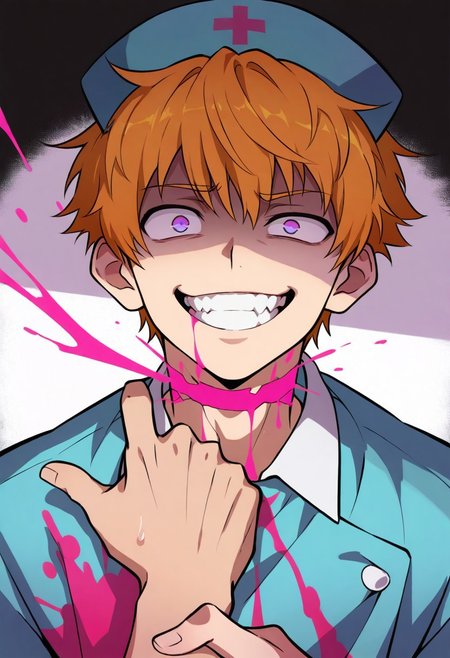 masterpiece, best quality, amazing quality, Bokun art style, male focus, solo,
BREAK 1boy, twink, purple eyes, ginger hair, crazy smile,
BREAK shade, teal nurse uniform, pink blood splatter, slit throat gesture,
BREAK outside, lens flair, three quarter view, two-tone background, black background, white background,