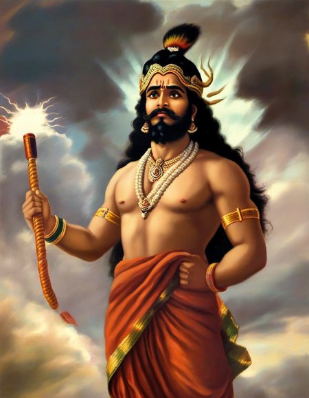 painting of god of thunder, thunderbolt in hand, cloudy sky in the background, in the style of Raja Ravi Varma <lora:Raja_Ravi_Varma_Style_SDXL_LoRA:1>