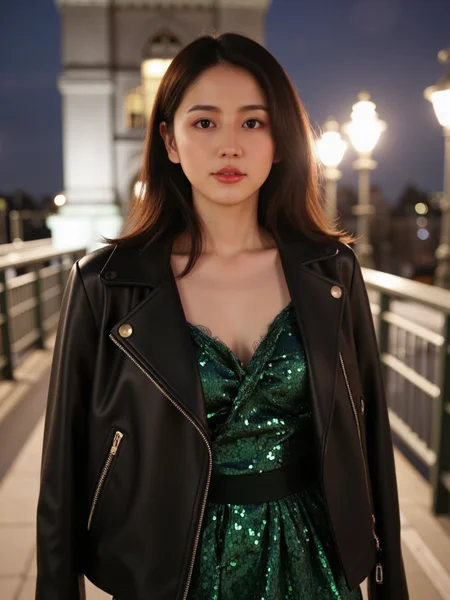 There are wonderful studio lights and various reflections,
18yo beautiful cute girl with blushing and female orgasm.skin naturally showing the texture of blood vessels and detailed pale skin,
--,
<lora:Masami_Nagasawa_f1:0.9>,she is Masami Nagasawa, Appearance: A girl with a classic beauty, her eyes large and expressive, and her skin flawless. Her hair cascades in loose waves, adding to her elegant presence.Clothing: She wears a flowing, sequined evening gown in a deep emerald green. Over the dress, she wears a structured, black leather jacket with gold buttons, adding a touch of modernity.Action: She stands on the Tower Bridge, her gaze fixed on the River Thames below. Her posture is poised and graceful, exuding an air of sophistication.Scene: The Tower Bridge stands majestically in the background, its historic architecture contrasting with her glamorous outfit.Lighting and Style: Soft, ambient lighting from the bridge's lamps casts a gentle glow on her dress, highlighting the sequins and the texture of the leather jacket. The image is captured in a realistic style, capturing the grandeur of the bridge and the elegance of her attire.