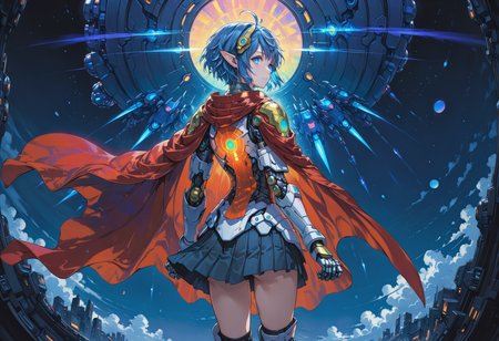 <lora:yukihiro_kajimoto_so2r_xl:0.8> <lora:IOS_Iridescent_opal_style:0.6> star ocean, 1girl, rena lanford, ahoge, armor, blue_eyes, blue_hair, boots, cape, full_body, hair_ornament, pleated_skirt, pointy_ears, short_hair, [woman:robot joints:0.6], [armpits:mecha:0.5], [evangelion:cyberpunk edgerunners:0.5], [lens flare:opal:06], intricate detail, cinematic lighting, amazing quality, amazing shading, detailed Illustration, official artwork, wallpaper, official art, extremely detailed eyes and face, beautiful detailed eyes, ((masterpiece, best quality)), (from behind), upper body, (thigh gap)