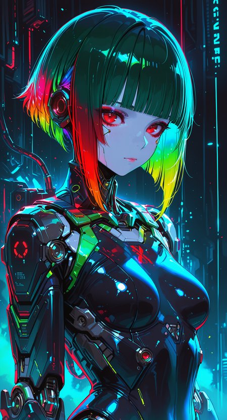 masterpiece, best quality, good quality, very awa, newest, highres, absurdres, 1girl, solo, looking at viewer, short hair, red eyes, closed mouth, upper body, multicolored hair, red hair, small breasts, green hair, blunt bangs, makeup, bodysuit, science fiction, android, robot joints, colorful, cyberpunk, robot girl, rainbow hair,medium breasts, limited palette, h4ra_illu <lora:illustriousXL_stabilizer_v1.23:0.3> <lora:NOOB_vp1_detailer_by_volnovik_v1:0.3> <lora:ponyv6_noobE11_2_adamW-000017:0.3> <lora:114558v4df2fsdf5:0.6> <lora:XXX667:0.4> <lora:-_iLL_-_the_edgy_mech_V2.0-:0.8>