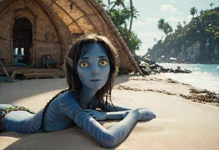 Kiri suntanning on her (side), on beach sand, hand under head, [[closeup]], along, big eyes wide open, (looking at viewer), seaside, huts and trees and (sea with (high surf)) on background, symmetrical eyes, symmetrical pupils, SK_CINEMATIC