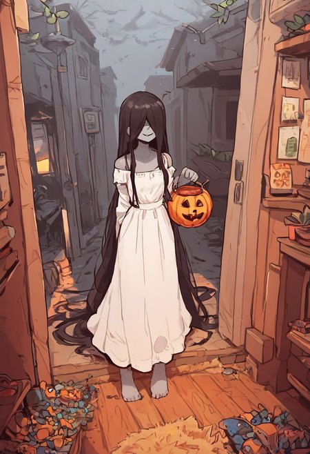 zPDXL3, easynegative ((score_9, score_8_up, score_7_up)), masterpiece, expressiveh, perfect anatomy, perfect face, 1girl, yamamura sadako, cutestyl3 BREAK grey skin,colored skin,hair over eyes, very long hair BREAK white dress, barefoot BREAK tr1ck0rtr3at, holding, halloween bucket, doorway, street background, smiling