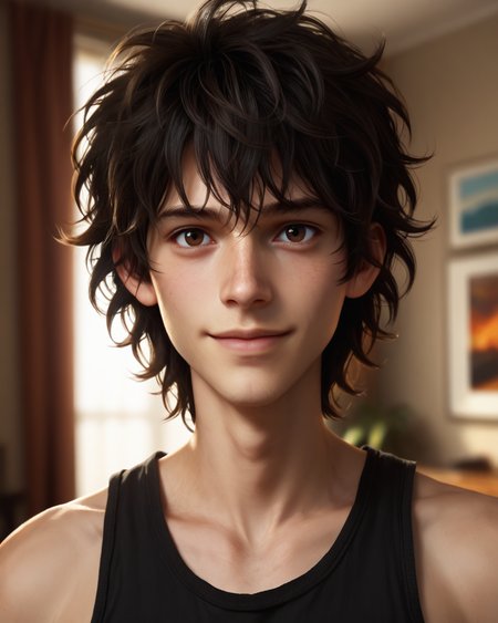 score_9, score_8_up, score_7_up, rating_questionable, intricately detailed,
<lora:homri52:1>,
<lora:Nico_Di_Angelo_Percy_Jackson_the_Olympians:0.8>, 1boy(Nico, Pale Skin, Black Hair, Messy Hair, Dark Brown Eyes, looking at the viewer, happy,
solo, portrait, face focus, shoulders visible, tank top), cozy living room,
4k,
detailed background, depth of field, 
<lora:ral-chrosc-clr:0.7>, ral-chrosc-clr,
<lora:Expressive_H:0.5>, Expressiveh,
<lora:xl_more_art-full_v1:0.3>,
<lora:add-detail-xl:0.3>