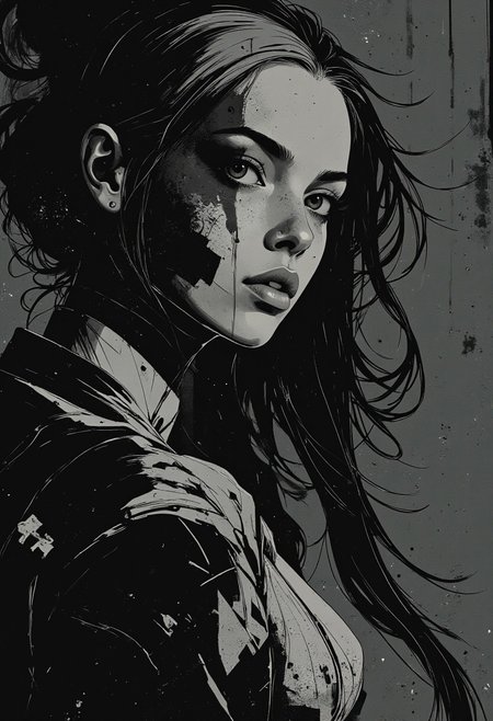 ,anime art , by Ashley Wood, young  woman,, An abstract, dreamlike body, of a young hair queen  with a mesmerizing Turing Patterns background, where the black color creates an illusion of depth, producing a parallax effect that draws the viewer's eye in, as if the subject is emerging from a vortex of swirling, dark, and mysterious patterns, her face a blend of soft, ethereal features and sharp, geometric lines, with a three-quarter view that invites the viewer to step into her world, where the boundaries between reality and abstraction blur.