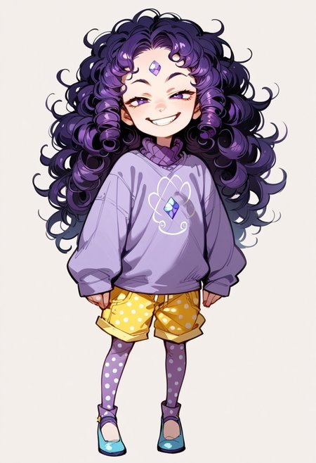 ng_deepnegative_v1_64t, score_9, score_8_up, score_7_up, zPDXL2, detailed background, concept art, source_anime, 1 girl, pale, purple sweater, baggy sweater, yellow shorts, polka dot leggings, purple leggings blue shoes, purple hair, frizzy hair, purple diamond on forehead, close up, smug grin