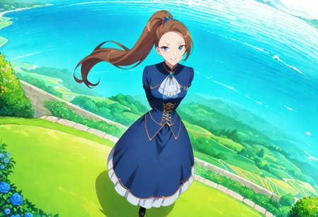 masterpiece, best quality,  1girl, outdoors, looking at viewer, solo, highres, brown hair, long hair, ponytail, blue eyes,
(Katarina Claes, wear blue original Victorian dress :1.0), dynamic pose, at beautiful garden , seductive smile,  detailed eyes,  best quality,  full body shot, landscape , 
dynamic Camera angle, random Camera angle, 
score_9, score_8_up, score_7_up, rating_explicit, epiCPhoto, sharp avn award winning photo, ultrasharp, artistic photoshoot, masterpiece, best quality, detailed painting,