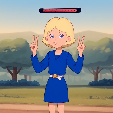 score_8_up, BREAK, JillSmith, 1girl, solo, short hair, blonde hair, blue eyes, blue dress, long sleeves, white belt, striped shirt, yellow buckle, cowboy shot, outdoors,  <lora:JillSmith_MPM_PXL_Leaf2:1>, arms at sides, looking at viewer, HealthBar, Health Bar,  <lora:RedHealthBar_PXL_Leaf1:1>,   double v,