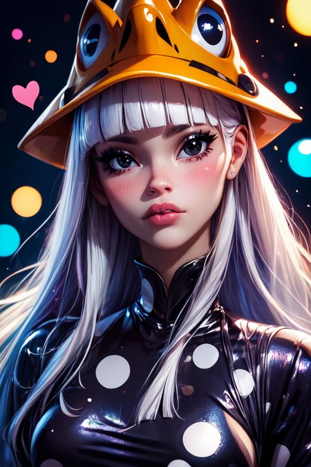 score_9, score_8_up, score_8, medium breasts, (curvy), cute, eyelashes,       BREAK, , zzEruka, black eyes, white hair, blunt bangs, long hair, orange hat, polka dot dress, black dress, black sleeves, pantyhose,    <lora:ErukaFrog_SoulEater_PDXL_v2:1.0>, , BREAK,  (ultra realistic,32k, masterpiece:1.2),(high detailed skin:1.1),( high quality:1.1), curvy, head tilt, hearts, blush, lips, closed mouth, curvy, head tilt, shiny clothes, (upper body), looking at viewer, bokeh, luminescent background, ,,, embedding:zPDXL, Expressiveh, ,,, <lora:RlAnmPDXL:1.0>,