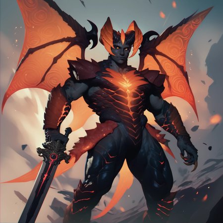 devil trigger, monster form, orange glow, ((colored skin, black skin, monster:1, armor, scales:1, demon, horns, holding sword, fire, wings), score:9, score:8, score:7