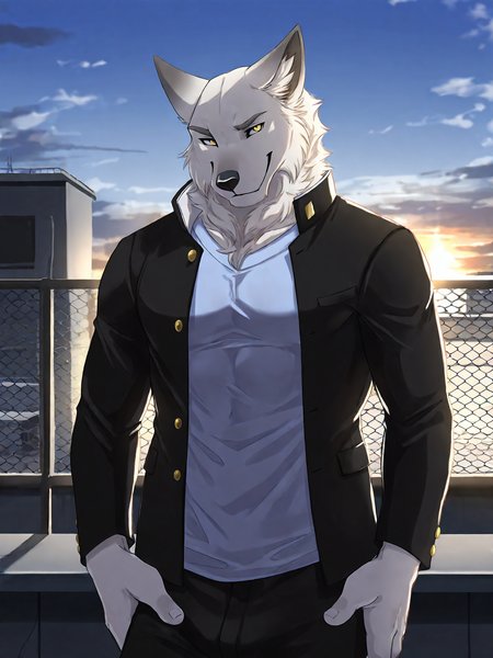 <lora:HarukiIL4:0.8>, haruki, yellow eyes, male, solo, dark blue gakuran, black pants, open jacket, blue shirt, rooftop, 
BREAK masterpiece, best quality, amazing quality, very aesthetic,highres, absurdres, detailed background,