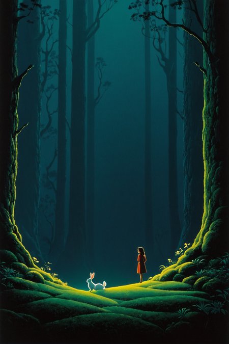 by Eyvind Earle and Mark Keathleyin the style of Bess Hamiti, cute 18 year old woman and her bunny, movie still <lora:juggernaut_cinematic:1.00>