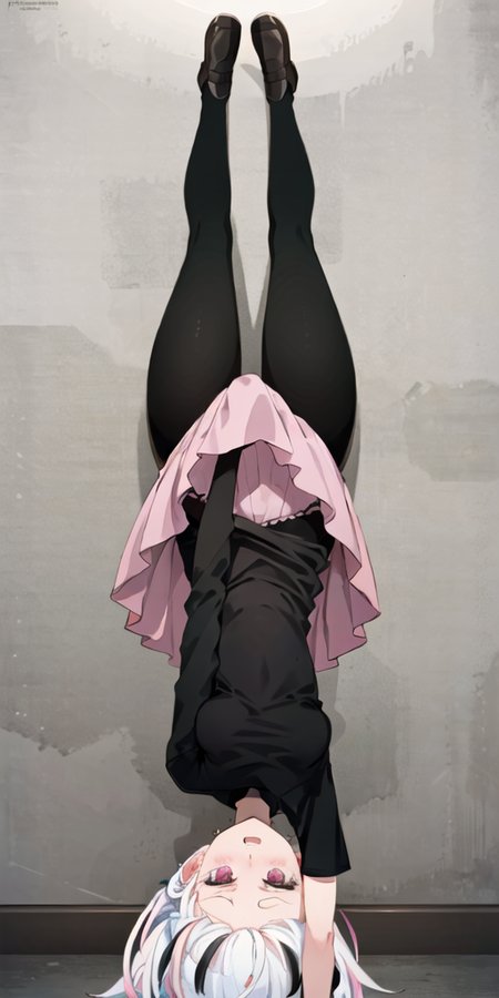 masterpiece, best quality, ultra-detailed, illustration, 1girl, lycoris challenge \(meme\), one arm handstand, upside-down,  <lora:ChisatoHandstand:0.6>, black tshirt, pink skirt, white hair, black pantyhose, medium breasts