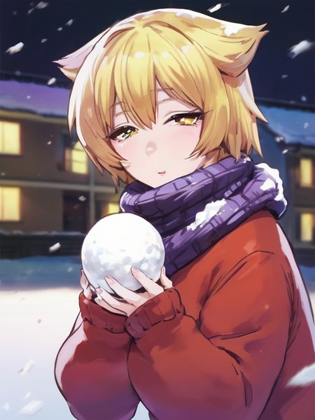 anime drawing of fuchibeppu chiyuri girl, masterpiece, best quality, girl in a warm winter sweater plays snowballs, blonde hair,  <lora:fuchibeppu_safetensors:1>