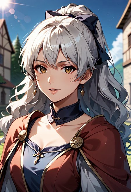 Sabrina, 1girl, solo, 31yo,  silver hair, wavy hair, long hair, bangs, brown eyes, slant eyes, medieval outfits,  light particles, lens-flare, cinematic lighting, depth of field,   (sharp edge),   blue sky, outdoors, gently smile, ponytail, hair ribbon, parted lips, 
score_9, score_8_up, score_7_up, perfect hand,