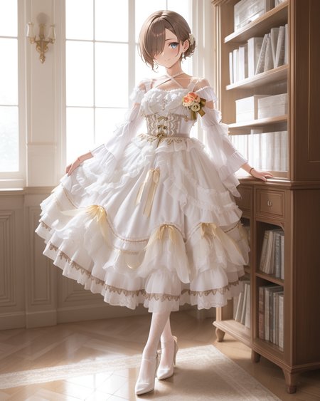 Positive: Masterpiece, best quality, amazing quality, very aesthetic, high resolution, ultra-detailed, absurdres,
1girl, solo, 
brown hair,short hair,blue eyes,
hair over one eye,
white off-shoulder lace ruffled dress,
white dress,white off-shoulder,lace,frills,
criss-cross halter,
corsage,jewelry,
long sleeves,detached sleeves,
white pumps,white lace pantyhose,
standing,Sunlight, windows, bookcase, 