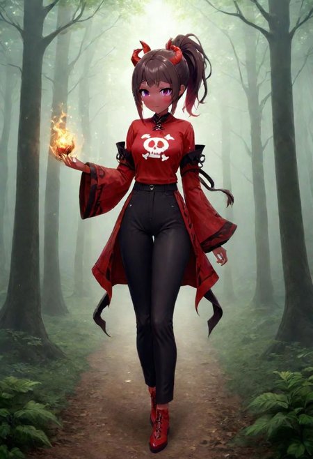 dark brown pants, highres,best quality,ponytail, full body,short height,happy,(purple eyes),photograph,realistic lighting,cute face,1girl,red tips on hair,red skin, fantasy world,in the forest, warlock,demon horns,skull logo, DonMD3m0nXL,red skin, yellow eyes, anime style,