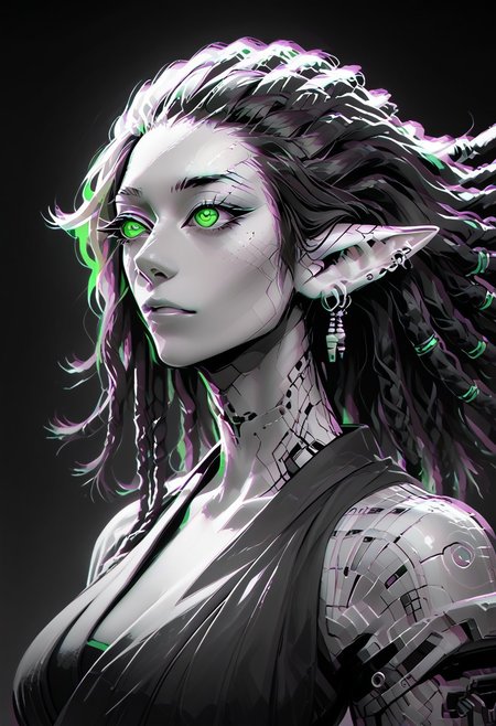 score_9, score_8_up, score_8, female, cel-shading, backlit, delicate features, very long hair, (dreadlocks), upper body, big breasts, techwear, cyborg, pointy elf ears, multiple ear piercings, techwear, dynamic pose, freckles, tan, colorvsgrey, monochrome, green glowing machine parts, hair oranments, kimono, electrical arcs,
