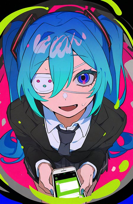hatsune_miku, 1girl, solo, long_hair, looking_at_viewer, smile, open_mouth, blue_eyes, shirt, skirt, holding, hair_between_eyes, twintails, blue_hair, jacket, white_shirt, pleated_skirt, necktie, collared_shirt, black_jacket, from_above, phone, eyepatch, cellphone, black_necktie, medical_eyepatch, glitch