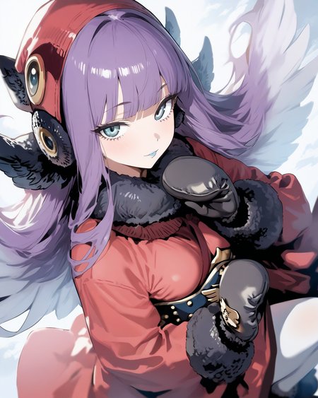 1girl,
MuuShuwuuShinMegamiTensei,
sensitive, solo, dutch angle, upper body,
long hair, hair wings, purple hair, multicolored hair, white hair,
hat, fur trim,
earmuffs,
blunt bangs, blue lips,
looking at viewer,
long sleeves,
mittens,
black gloves,
coat,
white pantyhose,
black footwear,
depth of field,
<lora:kp_MuuShuwuuShinMegamiTenseiAnimagineXL_v1_0:1.0>
masterpiece, high score, great score, absurdres