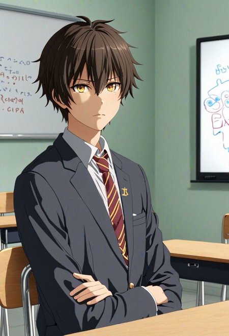 Highres, Masterpiece, High Quality, 4K, 8K, solo, 1Boy, Seiya Kanie, short dark brown hair, golden eyes, classroom, desk chairs, whiteboard, screen, sitting, school, school uniform, easynegative, detailed_eye_model