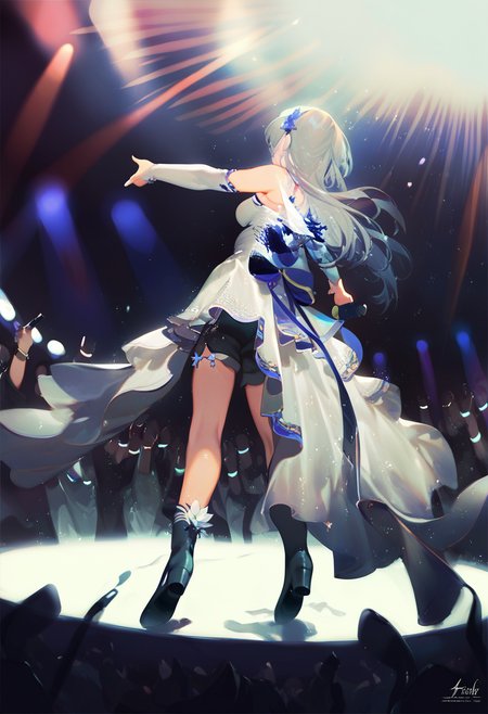 score_9, score_8_up, score_7_up, score_6_up <lora:reiXL_AutC_lokr_V43P1:0.95>  1girl, long hair, microphone, holding microphone, audience, hair ornament, holding, virtual youtuber, concert, shorts, detached sleeves, black footwear, ass, stage, glowstick, dress, solo, high heels, black shorts, flower, full body, boots, multicolored hair, bare shoulders, grey hair, stage lights, solo focus, from behind, idol, hair flower, breasts, blue flower, music, long sleeves, white dress, blue hair, crowd, white hair