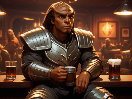 sitting at a bar drinking ale from a large mug <lora:Klingon_v2_pony:1> score_9,score_8_up,score_7_up,score_6_up,score_5_up,score_4_up , 1man, kling0n alien, large forehead ridges, brown skin, large eyebrows, wearing warrior armor,