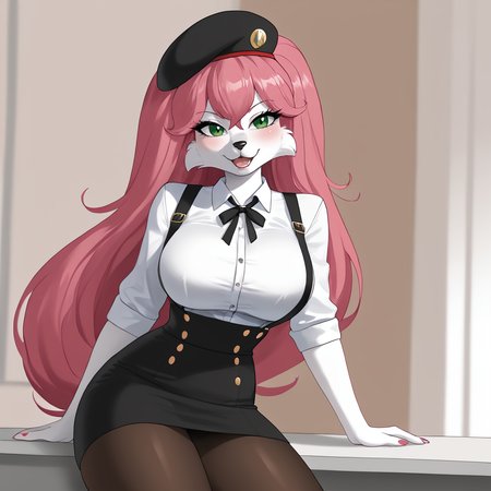 <lora:jennybuckyohare_pony_v1:.8> JennyBuckyOHare, 1girl, solo, large breasts, furry female, green eyes, big hair, pink hair, body fur,  white skin, white fur, snout, <lora:0902 Home wear 5_v1_pony:1> ruanyi0902,beret,black ribbon,collared shirt,black pantyhose,high-waist skirt,white shirt,suspenders