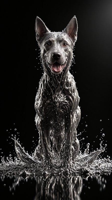 SILVER LIQUID METAL Dog Running through SILVER LIQUID METAL, Liquid metal sprays up from the dogs paws, drifting in a black void, <lora:Liquid_Fluid_Metal_XL_-_By_DICE:0.7>, UHD