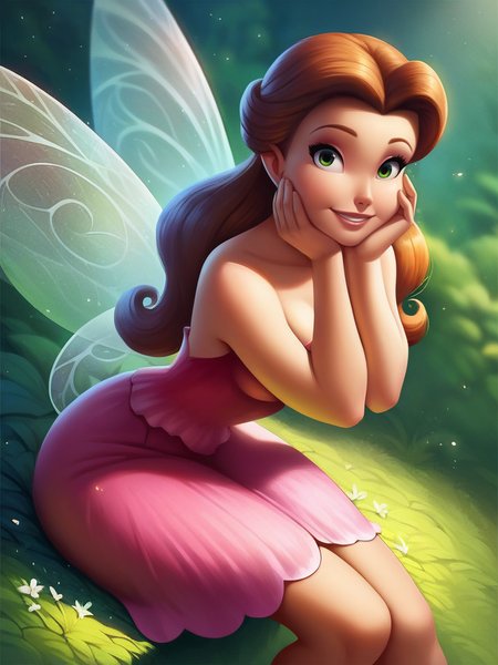 score_9, score_8_up, score_7_up, score_6_up, 1girl, fairy wings, green eyes, brown long hair, pink dress, bare shoulders, sexually suggestive, curvy, medium breast, sexy, looking at viewer, cowboy shot, dynamic pose, cute, solo, dutch angle, cleavage, forest, vegetation, smile, :D, hand on own cheek, sitting, from above, particles around, wide shot,
RossetaXLP , cartoon,  <lora:RossetaXLP_character:0.8>